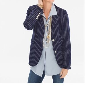Chico's Size 3 Knit Blazer Navy Pinstripe Pearl Button Ruffle Cuff Size 16/18
